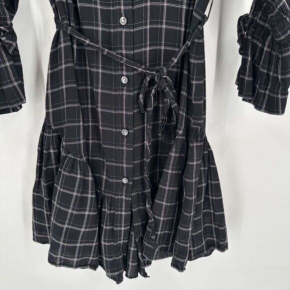 Rebecca Taylor La Vie Gingham Plaid Shirt Dress Button Down Black Ruffle Size XS - Picture 8 of 11